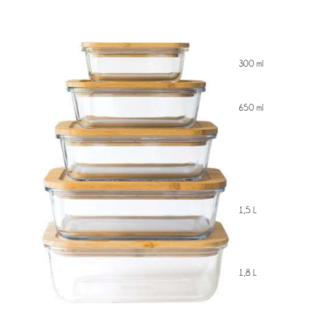 KIT Recipientes Rectangulares de Vidrio Borosilicato con Tapa de Bambú